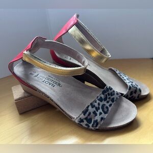 Naot Leopard Print Pixie Sandals with Red Back and Gold Straps